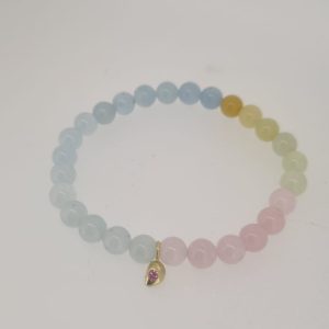 Armband Pura met rozenkwarts en beryl kralen, gouden druppelbedel met rozen diamant